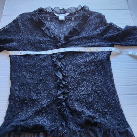 Uniform John Paul Richard Women's Size M Black Sheer Ruffle Lace Faux Button Top - Picture 11 of 13